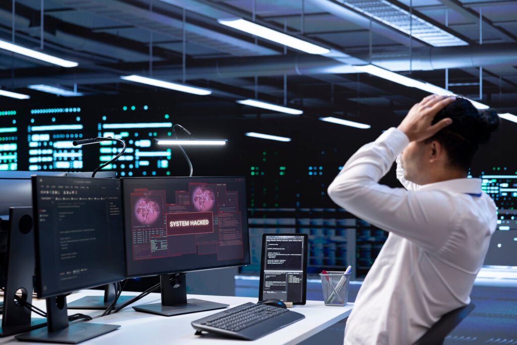 Close up of data center employee stressed by security breach alert